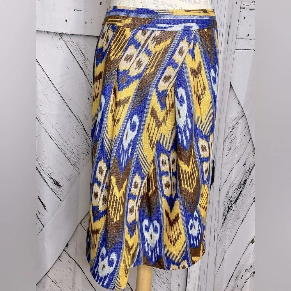 Tory Burch Blue Yellow Jemima Ikat Metallic Linen Pencil Skirt Size 12